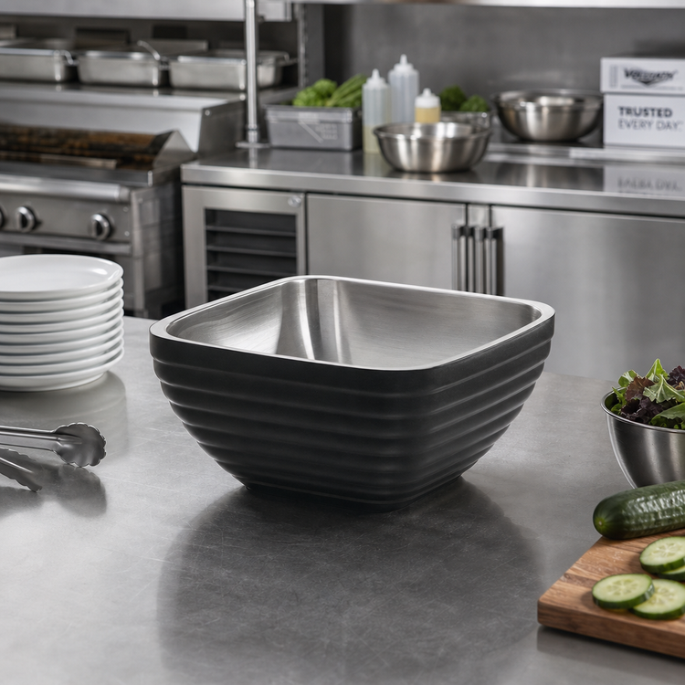 Product image #3 for Vollrath 8-1/2 Inch Square Double Wall Insulated Serving Bowl, 3.2 Quart, Black/Satin Stainless Steel