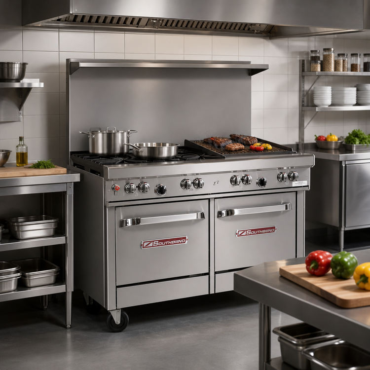 Product image #2 for Southbend Ultimate 48-Inch Gas Restaurant Range with 4 Burners, 24-Inch Charbroiler, Convection Oven and Cabinet Base