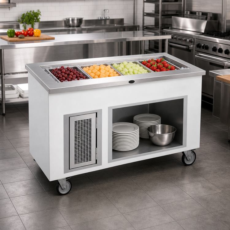 Product image #2 for Randell RANFG IC-4S Mobile Ice-Cooled 4-Pan Cold Food Table with Open Storage Base
