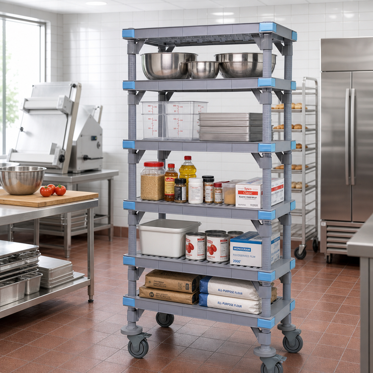 Product image #2 for Quantum Millenia Mobile Polymer Shelving Starter Unit with 5 Open Grid Shelves, 36"W x 24"D x 86"H