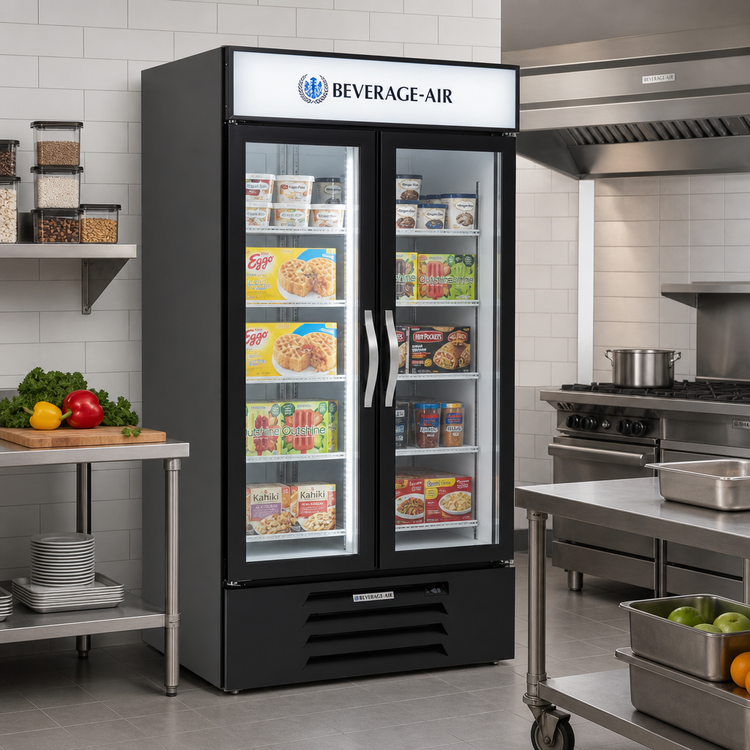 Product image #3 for Beverage Air MarketMax 2-Section Reach-In Glass Door Freezer Merchandiser, 35.08 Cu. Ft., Bottom-Mounted Self-Contained Refrigeration