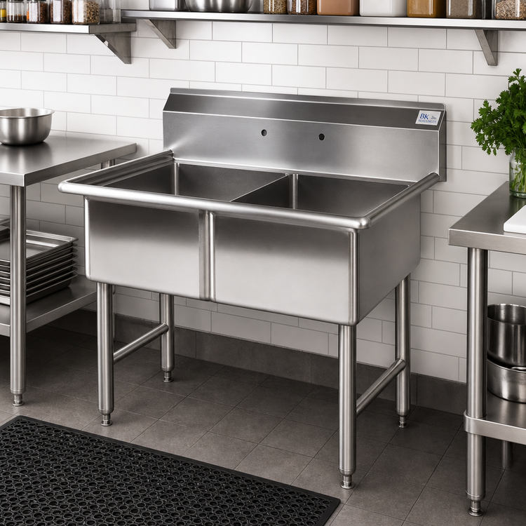 Product image #2 for BK Resources Two Compartment Stainless Steel Sink, 18" x 18" Bowls, 10" Backsplash, No Drainboards