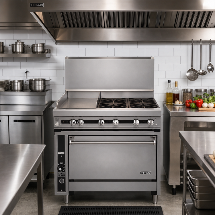 Product image #2 for Titan JTRH-24G-2 Heavy Duty 36-Inch Commercial Gas Range with 2 Open Burners and 24-Inch Griddle
