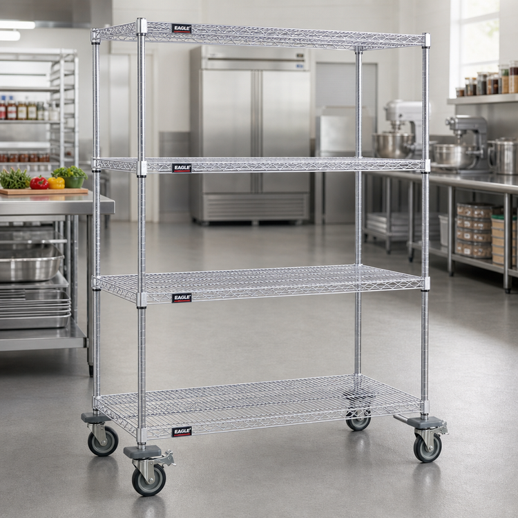 Product image #2 for Eagle Group 4-Tier Chrome Dolly Truck with 48 x 18-Inch Wire Shelves, Poly-Tread Swivel/Brake Casters
