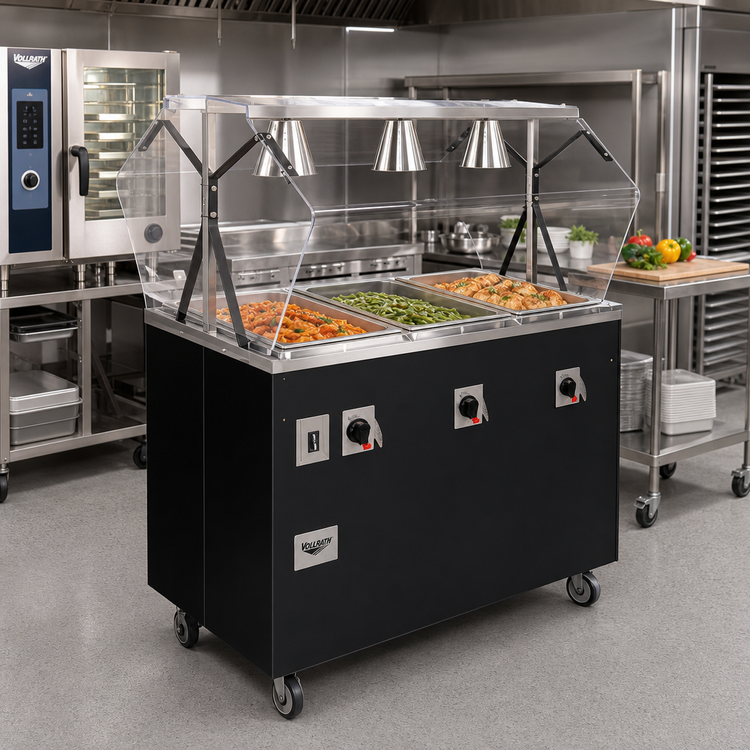 Product image #2 for Vollrath 2-Series Affordable Portable™ 3-Well Mobile Hot Food Station with Buffet Breath Guard, 208-240V, Black Enclosed Base