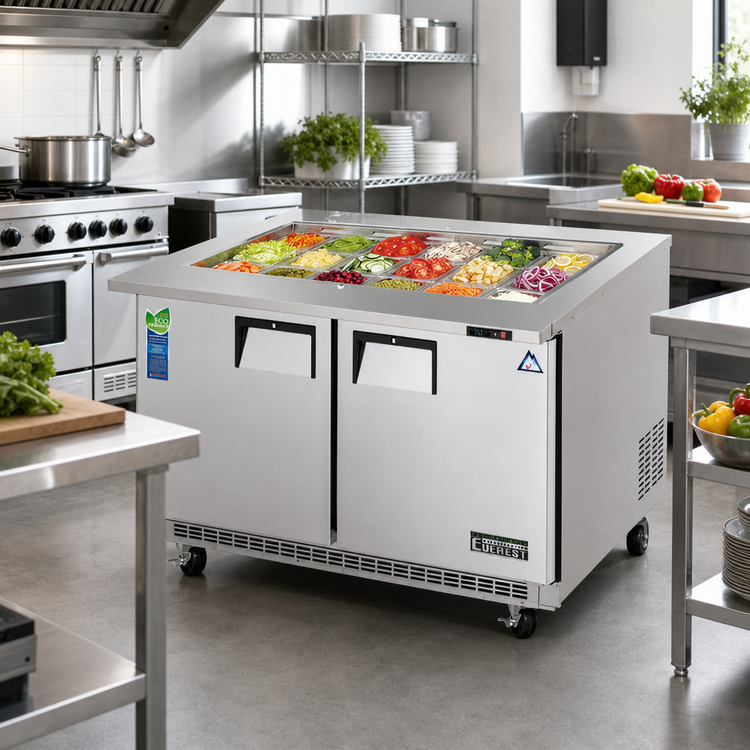 Product image #2 for Everest Refrigeration EOTP2 Open Top Mega-Top Prep Table Refrigerator, Two-Section, 47-1/2 Inches Wide, 13 Cu. Ft., Stainless Steel