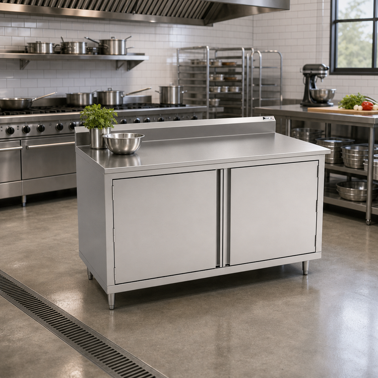Product image #2 for John Boos Enclosed Cabinet Base Work Table with Hinged Doors, 60 x 24 Inch, 14-Gauge 300 Series Stainless Steel Top