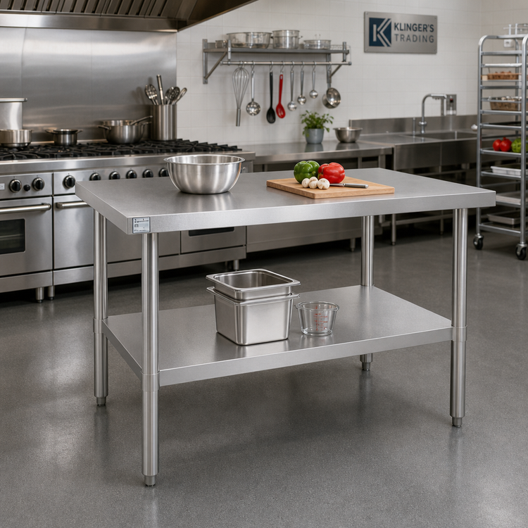 Product image #2 for Klinger's Trading SG3048 48" x 30" x 36" Flat Top Stainless Steel Work Table with Galvanized Base and Adjustable Undershelf