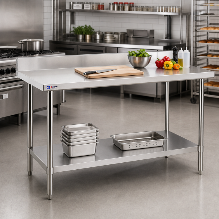 Product image #2 for Omcan USA 60-Inch x 30-Inch 20-Gauge 430 Stainless Steel Work Table with 4-Inch Backsplash and Undershelf