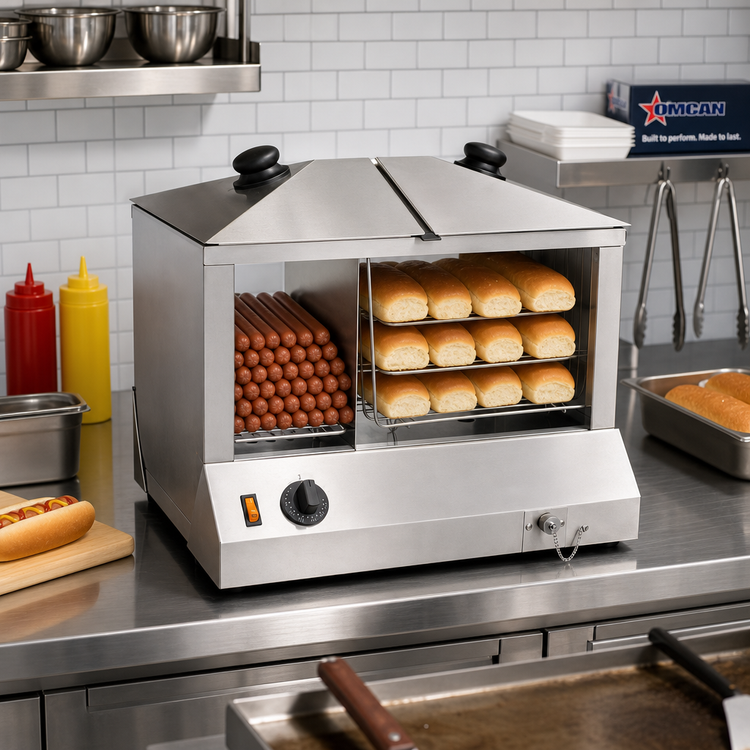 Product image #2 for Omcan 43215 Countertop Side-by-Side Hot Dog Steamer/Bun Warmer, 200 Hot Dogs and 60 Buns
