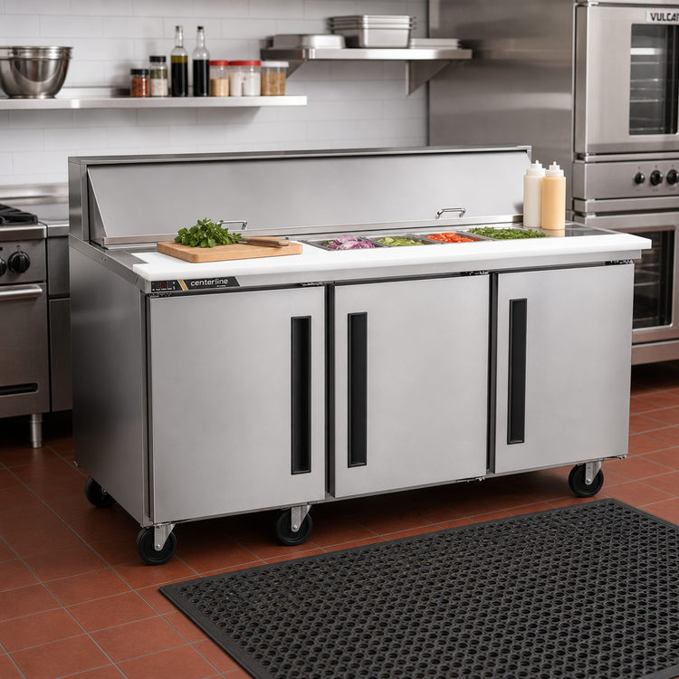 Product image #2 for Traulsen Centerline Compact Three-Section Reach-In Prep Table Refrigerator, 72 Inch Wide, Solid Doors