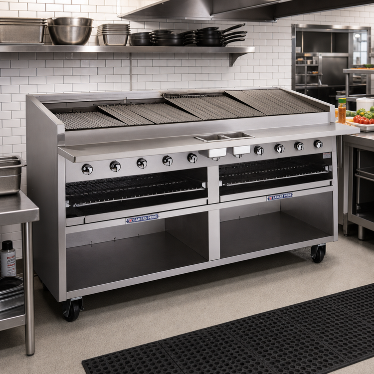 Product image #2 for Bakers Pride Dante Series 72-Inch Gas Radiant Charbroiler, Floor Model, Round Rod Grate, Open Cabinet Base