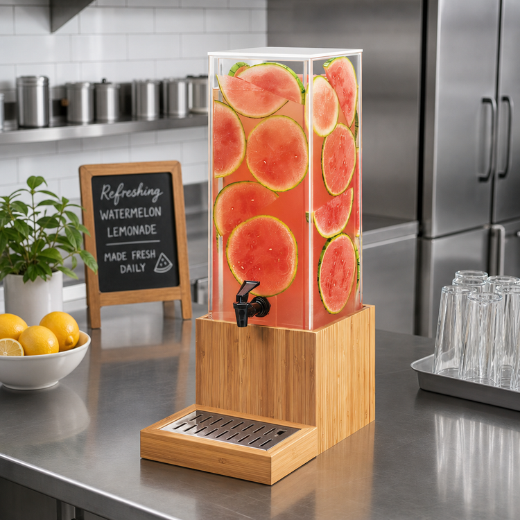 Product image #2 for Cal-Mil Bamboo 3 Gallon Square Beverage Dispenser with Bamboo Base and Drip Tray