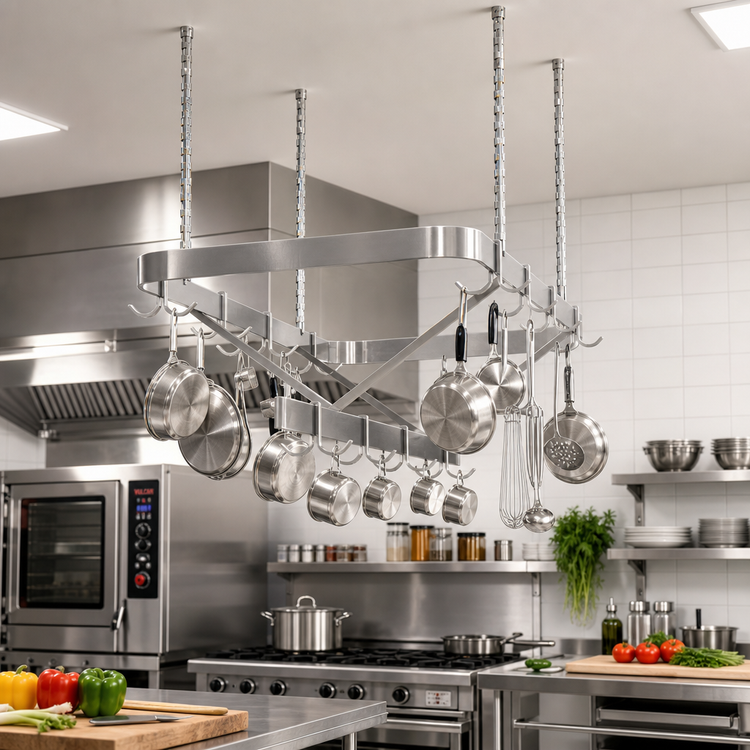 Product image #2 for Sapphire Manufacturing Ceiling-Hung Triple-Bar Stainless Steel Pot Rack, 48 x 22 Inches