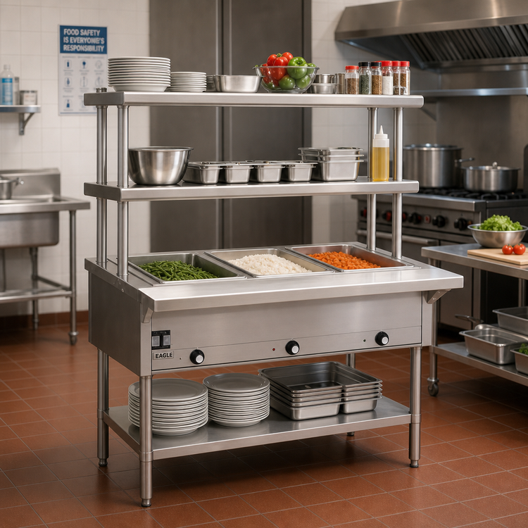 Product image #2 for Eagle Group DHT3-120-FM 48-Inch 120V Electric Open Base Hot Food Table with 3 Dry Wells and Double-Tier Flex-Master Overshelves