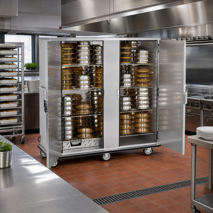 Product image #3 for FWE P-Series Electric Humi-Temp Mobile Heated Banquet Transport & Serve Cabinet, 200 Covered Plate Capacity, Double Doors, Stainless Steel