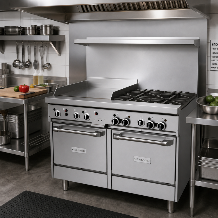 Product image #2 for Garland GF Starfire Pro 48-Inch Gas Restaurant Range with 4 Open Burners, 24-Inch Griddle, and 2 Space-Saver Ovens