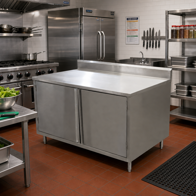 Product image #2 for BK Resources 60 Inch x 30 Inch 304 Stainless Steel Enclosed Work Table with Cabinet Base, Hinged Doors, and 5 Inch Backsplash
