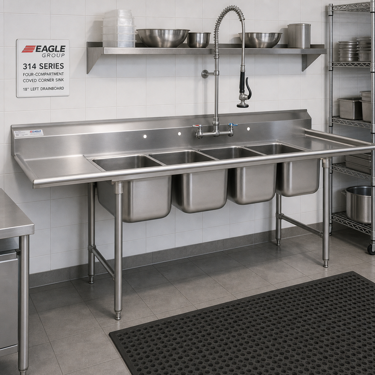 Product image #2 for Eagle Group 314 Series Four-Compartment Coved Corner Sink with 18-Inch Left Drainboard
