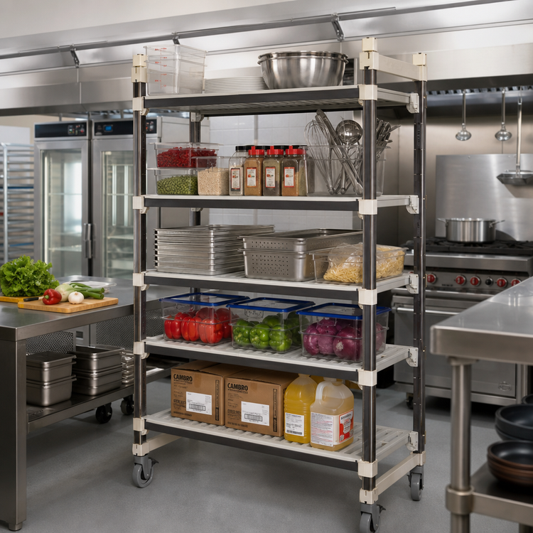 Product image #2 for Cambro Camshelving Elements XTRA 5-Tier High Density Top Rail Mobile Starter Unit, 24 x 48 x 80 Inches, Overhead Track Shelving