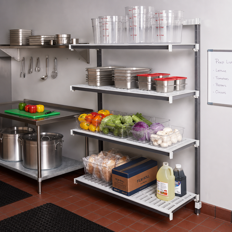 Product image #2 for Cambro Camshelving Elements XTRA 4-Shelf Stationary Add-On Polymer Shelving Unit, 21 x 36 x 64 Inches, Vented and Solid, Speckled Gray