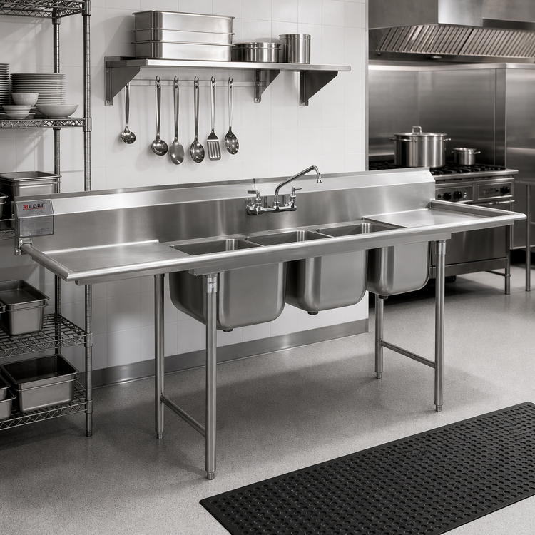 Product image #2 for Eagle Group 3-Compartment Floor Model Sink with Dual 24-Inch Drainboards, 102-Inch Wide, 430 Stainless Steel
