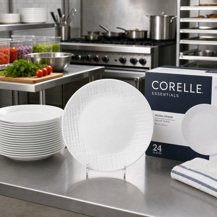 Product image #2 for Corelle Essentials Woven Design Round Salad Plate, 8-1/2 Inch, White Vitrelle Glass, Case of 24