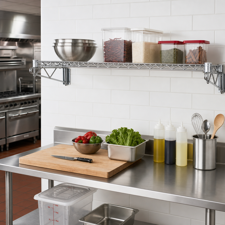 Product image #2 for Quantum Wall-Mounted Cantilever Single Wire Shelf, 36" W x 21" D, Chrome Plated