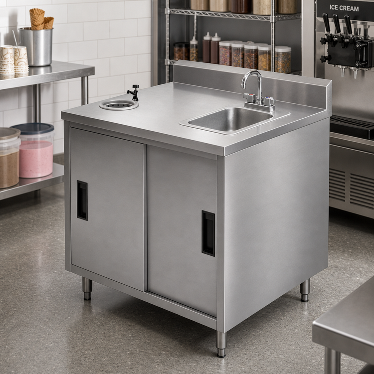 Product image #2 for BK Resources 36-Inch x 30-Inch Stainless Steel Ice Cream Cabinet Work Table with Sink, Dipper Well, Sliding Doors, and 5-Inch Riser