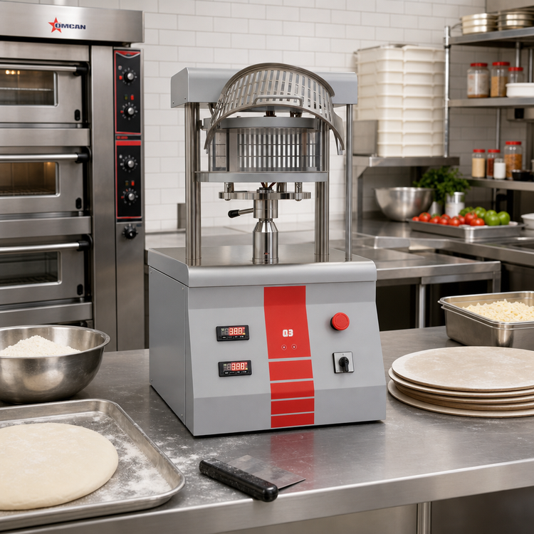 Product image #2 for Omcan Automatic Electric Pizza Dough Shaping Machine with 17.7-Inch Heated Upper and Lower Platens