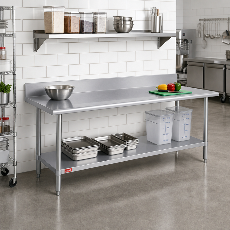 Product image #2 for Duke Deluxe Stainless Steel Work Table with 5-Inch Riser and Stainless Undershelf, 24-Inch Wide x 84-Inch Long x 36-Inch High