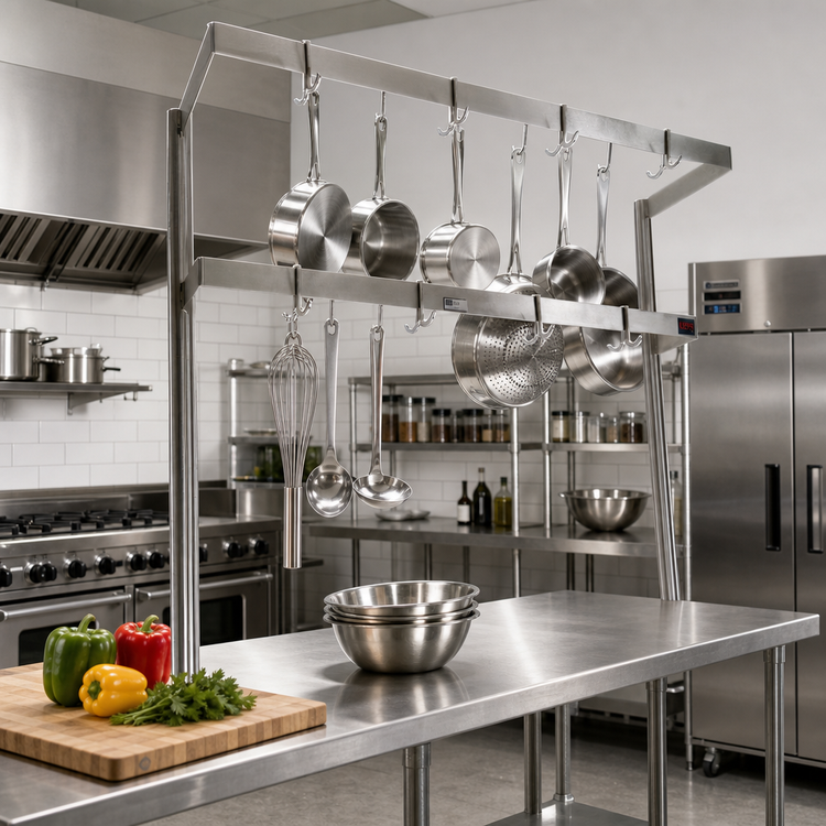 Product image #2 for John Boos Table-Mounted Double-Bar Stainless Steel Pot Rack with 10 Double Hooks, 55-1/4-Inch Overall Length