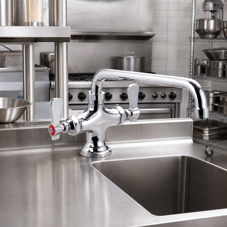 Product image #2 for BK Resources OptiFlow Heavy Duty Deck Mount Dual Valve Pantry Faucet with 16-Inch Swing Spout