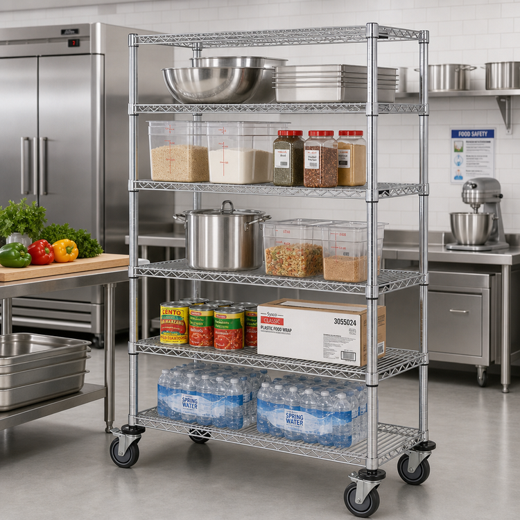 Product image #2 for Quantum 60 Inch W x 24 Inch D x 80 Inch H Mobile Wire Shelving Cart with 5 Shelves, Chrome Plated Finish