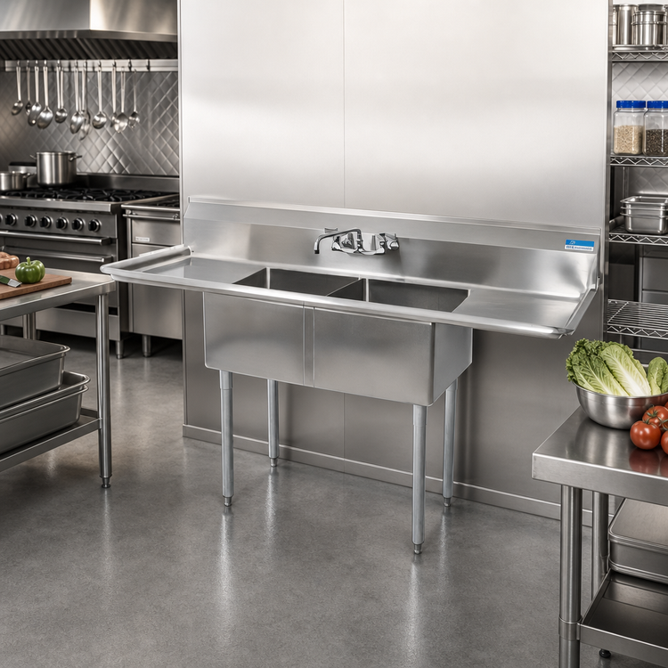 Product image #2 for BK Resources 68-Inch Two-Compartment Stainless Steel Sink with Left and Right Drainboards