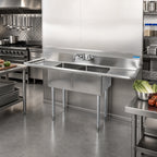 Thumbnail image #2 for BK Resources BKS-2-1620-12-18T 68-Inch Two-Compartment Stainless Steel Sink with Left and Right Drainboards, 16 x 20 x 12-Inch Compartments