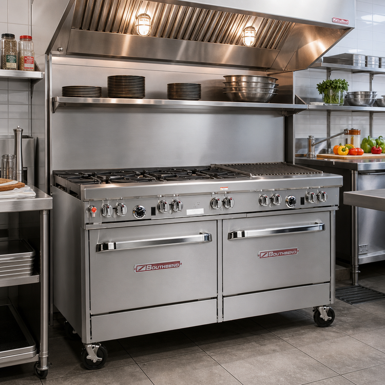 Product image #2 for Southbend Ultimate 60-Inch Gas Restaurant Range with 5 Burners, 24-Inch Charbroiler, and 2 Cabinets