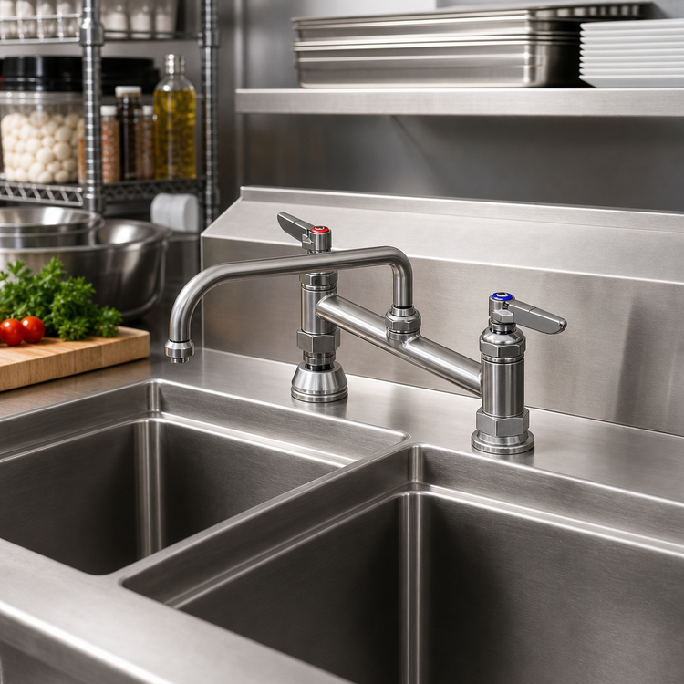 Product image #2 for T&S Brass 8-Inch Center Deck Mount Double Pantry Mixing Faucet with 10-Inch Swing Nozzle
