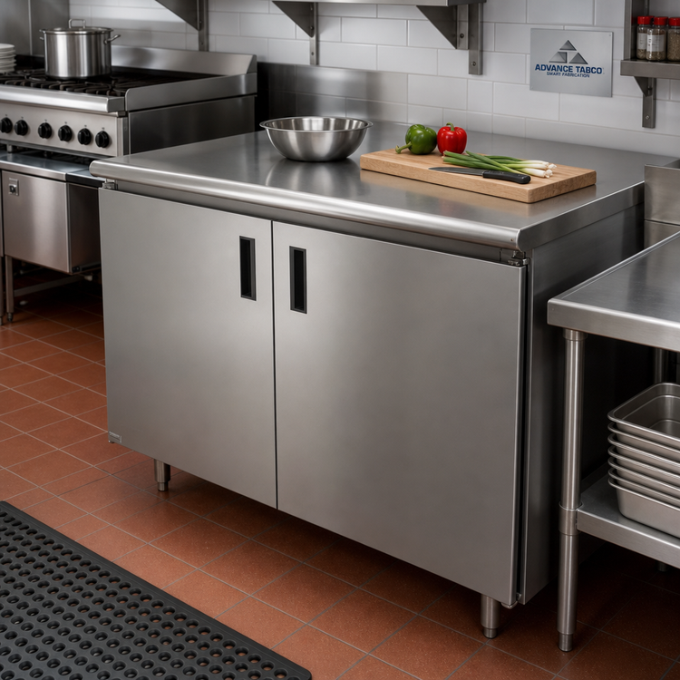 Product image #2 for Advance Tabco 60"W x 30"D Enclosed Work Table with Cabinet Base, Mid-Shelf, Hinged Doors and 14-Gauge 304 Stainless Steel Top