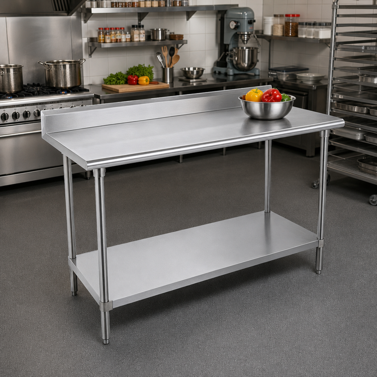 Product image #2 for Advance Tabco 120 x 30 Inch 14 Gauge 304 Stainless Steel Work Table with 5-Inch Backsplash and Adjustable Undershelf