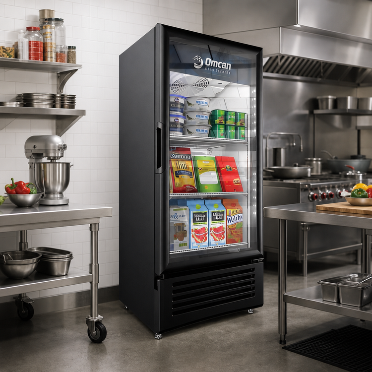 Product image #2 for Omcan Elite Series 8.9 Cu. Ft. One-Section Reach-In Glass Door Refrigerated Display Merchandiser
