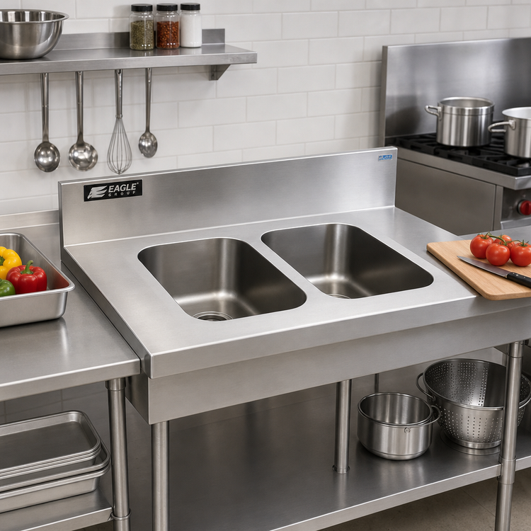 Product image #2 for Eagle Group FDI-16-19-8-2 Two-Compartment Welded-In 304 Stainless Steel Sink — 16 Inches x 20 Inches Bowls, 8 Inches Deep (36 Inches Overall)