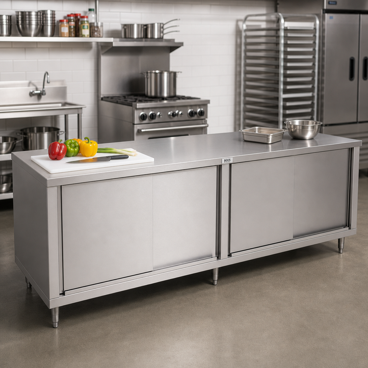 Product image #2 for John Boos 96-Inch x 30-Inch Stainless Steel Cabinet Base Work Table with Sliding Doors