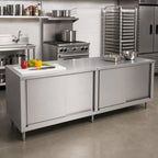 Thumbnail image #2 for John Boos 4CS4-3096 96" x 30" Stainless Steel Enclosed Work Table with Sliding Doors, 14-Gauge 300 Series Top