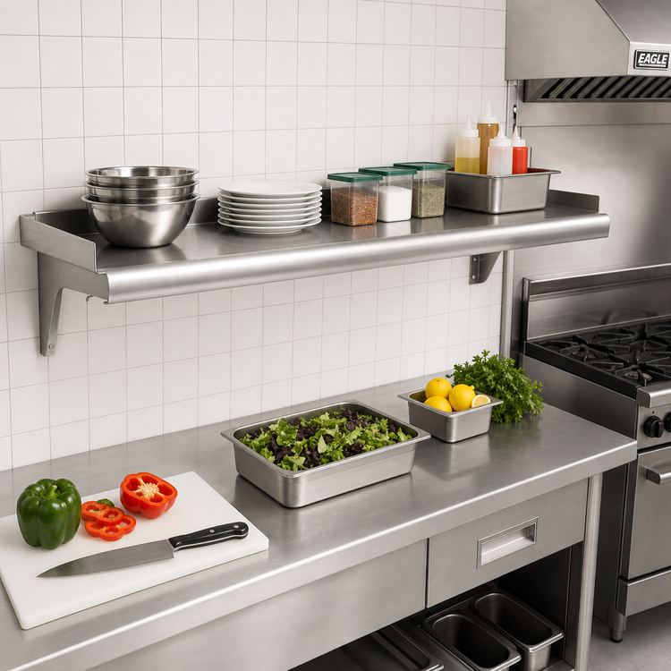 Product image #2 for Eagle Snap-n-Slide 72-Inch x 15-Inch Wall-Mounted Shelf, Rolled Front Edge, 16/304 Stainless Steel