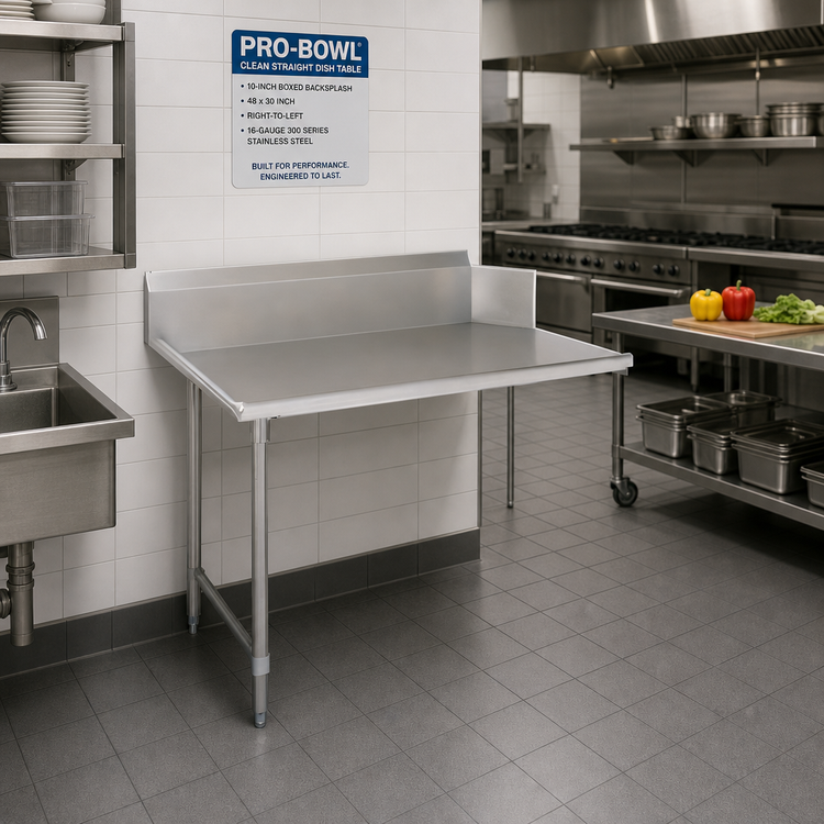 Product image #2 for Pro-Bowl Clean Straight Dish Table with 10-Inch Boxed Backsplash, 48 x 30 Inch, Right-to-Left, 16-Gauge 300 Series Stainless Steel