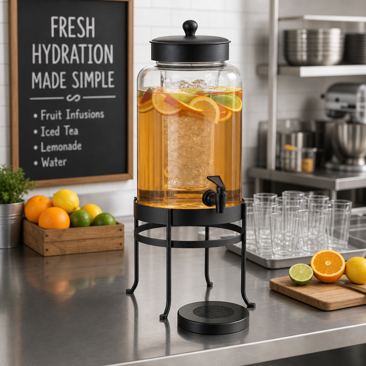 Product image #3 for Cal-Mil SoHo 2 Gallon Glass Beverage Dispenser with Black Frame, Ice Chamber, Spigot and Drip Tray