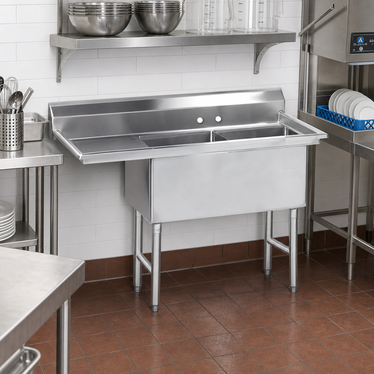 Product image #2 for Advance Tabco Special Value Series 2-Compartment Fabricated Sink with 18-Inch Left Drainboard, 16 x 20 x 14 Inches Bowls, 16 Gauge 304 Stainless Steel