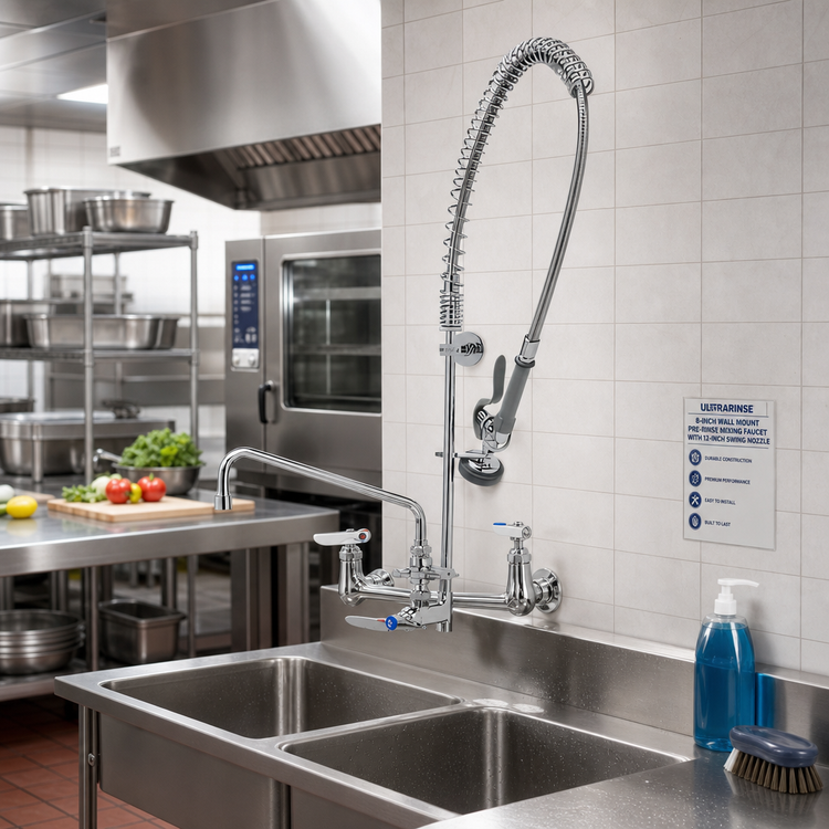 Product image #2 for UltraRinse 8-Inch Wall Mount Pre-Rinse Mixing Faucet with 12-Inch Swing Nozzle
