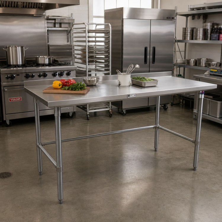 Product image #2 for John Boos Stallion 120-Inch x 36-Inch Stainless Steel Work Table with 1-1/2-Inch Rear Up-Turn and Open Base